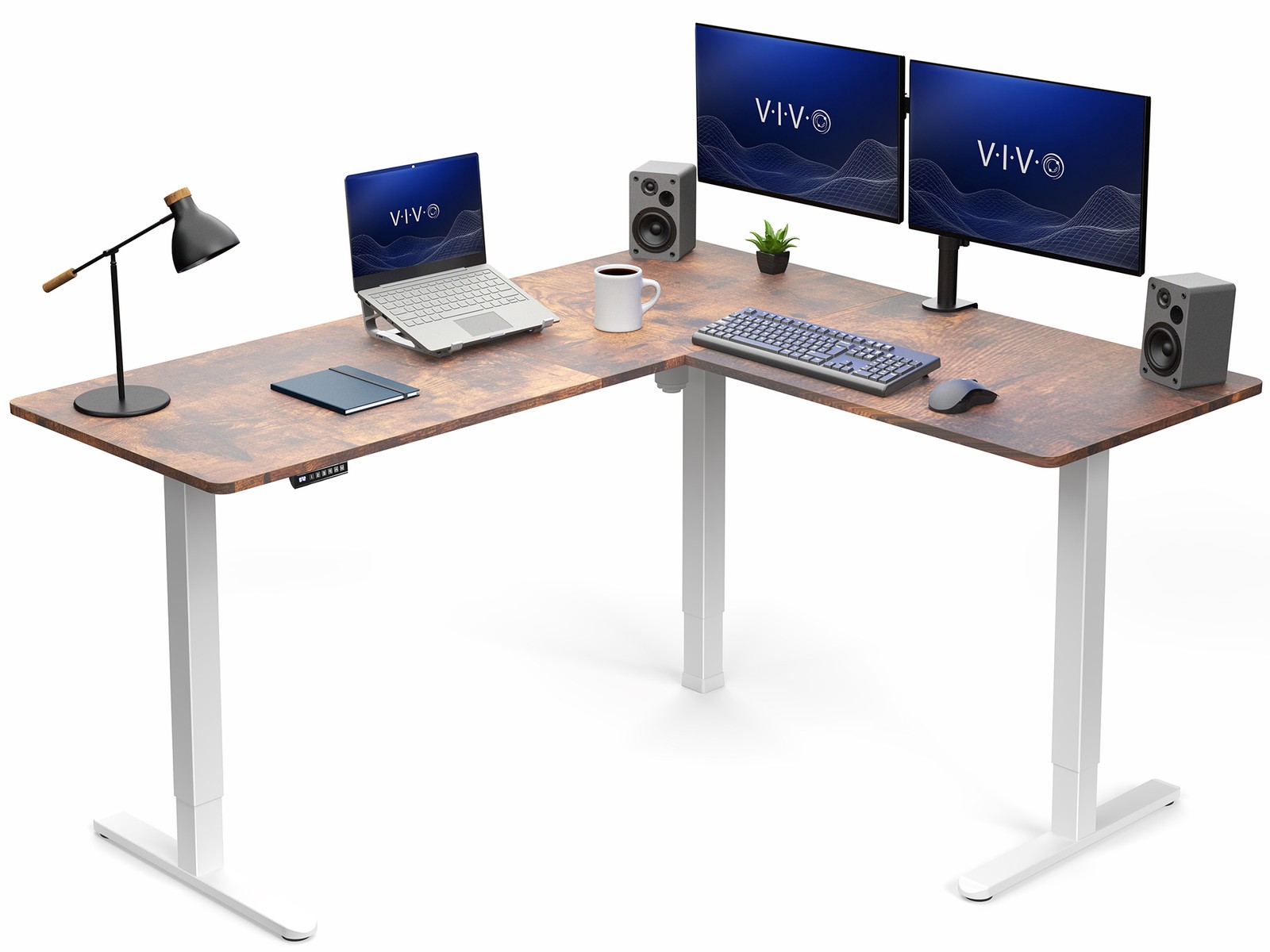 VIVO Electric 63" x 55" Corner Desk, Rustic Vintage Brown Table Top, White Frame