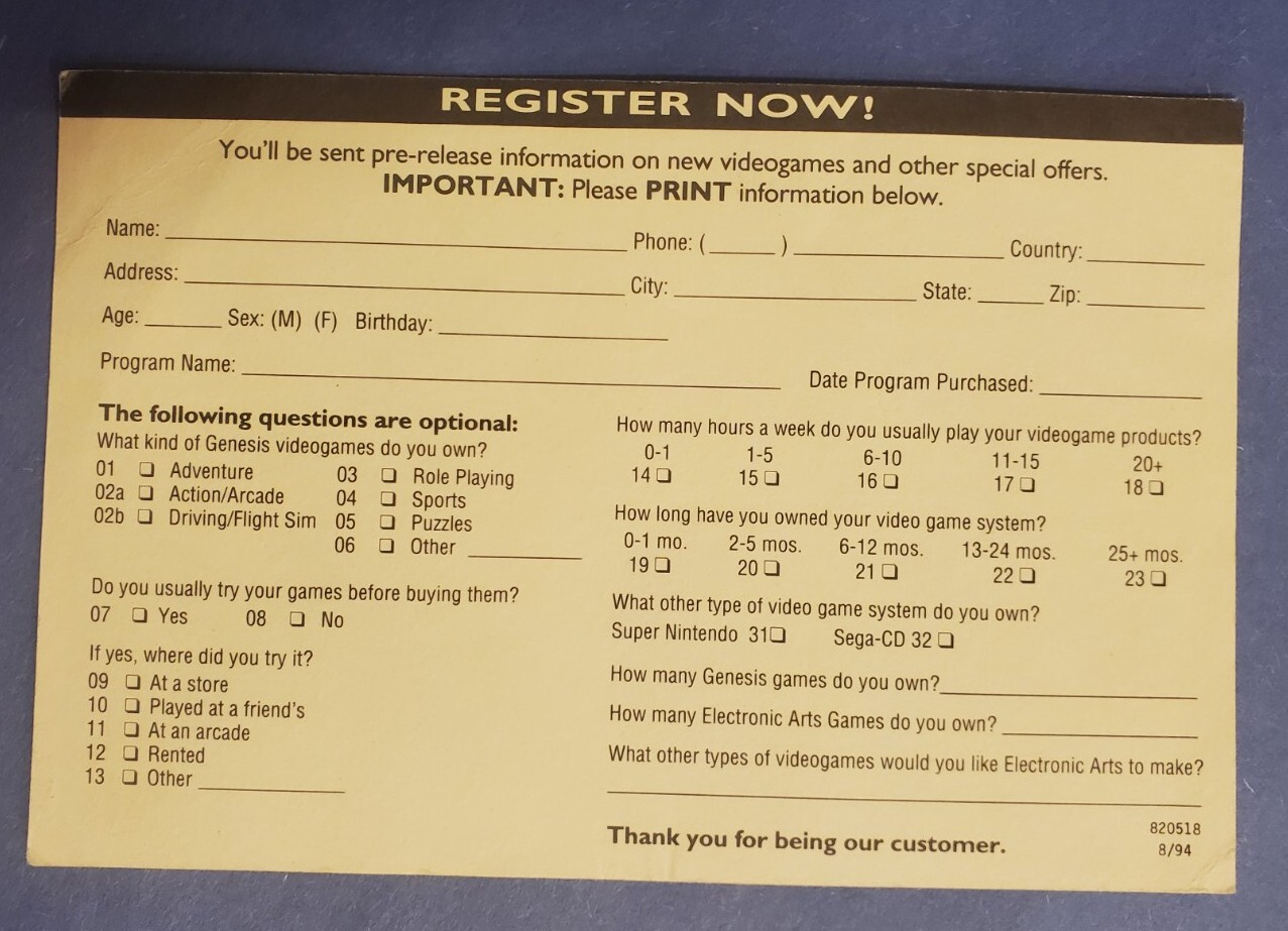 sega genesis electronic arts registration card Insert