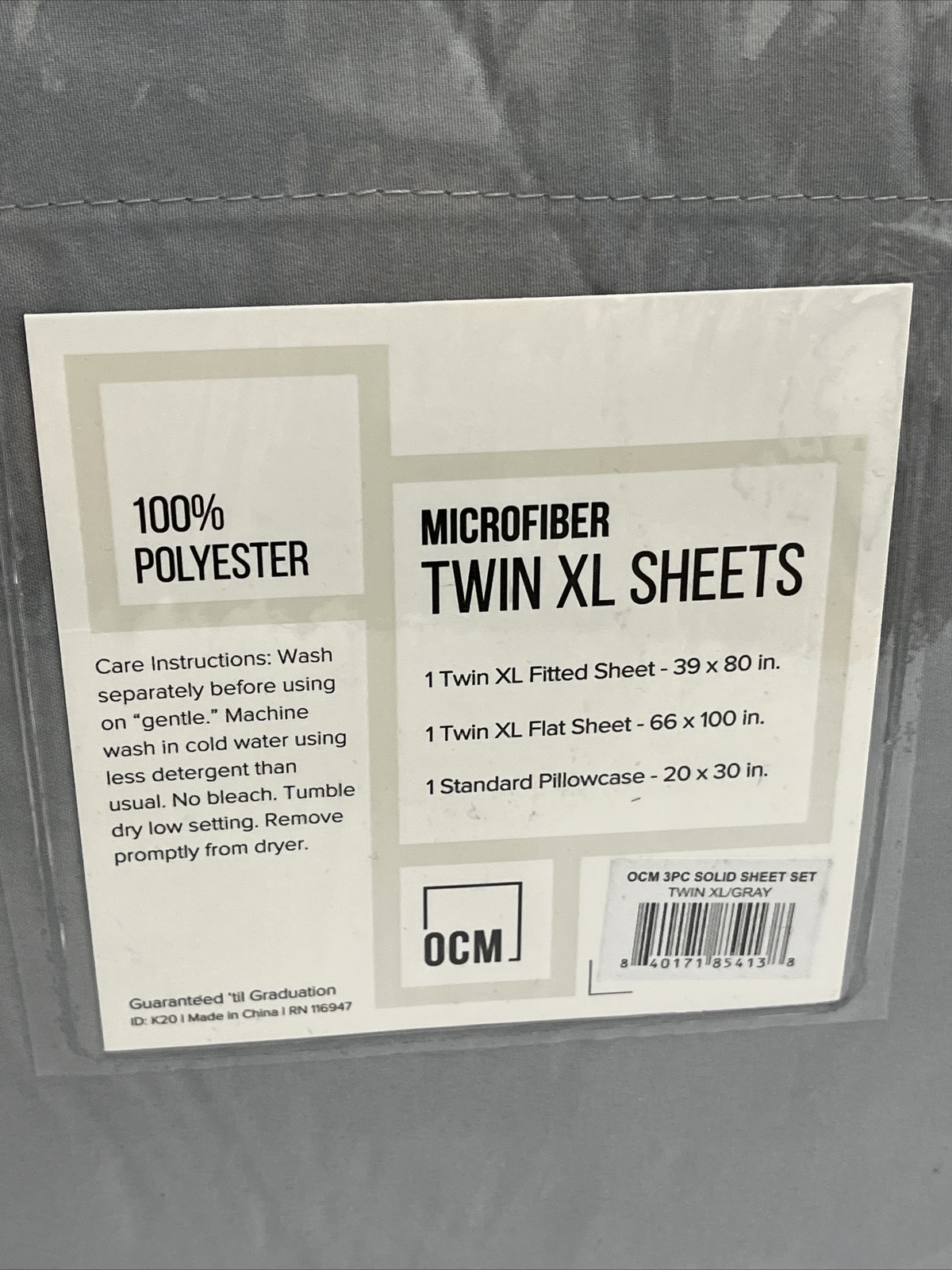 OCM College Dorm Microfiber 3 Piece Sheet Set Twin XL Solid Gray - New & Sealed
