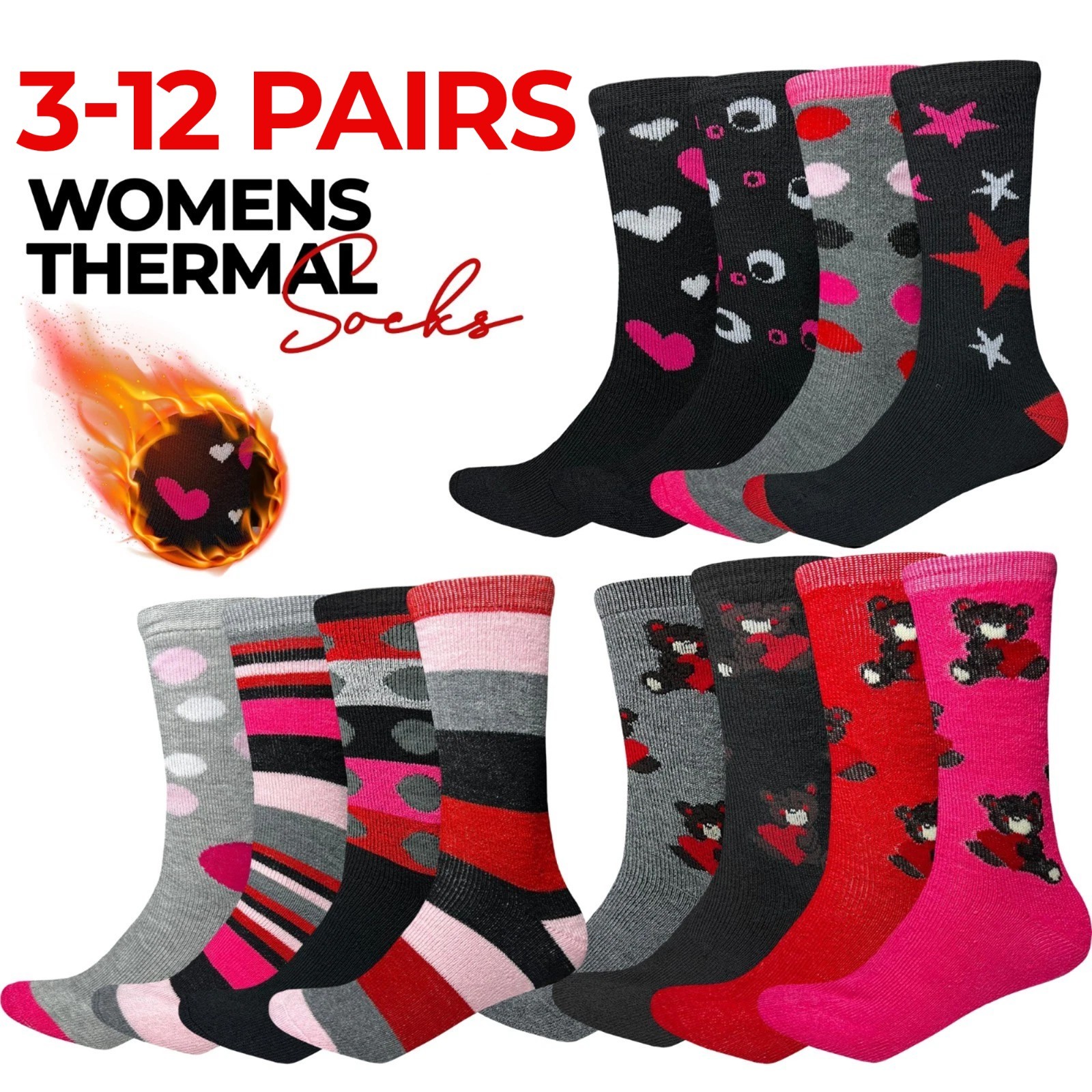 3-12 Pairs Womens Thermal Boot Socks Ladies Cotton Everyday Winter Sock UK 4-7