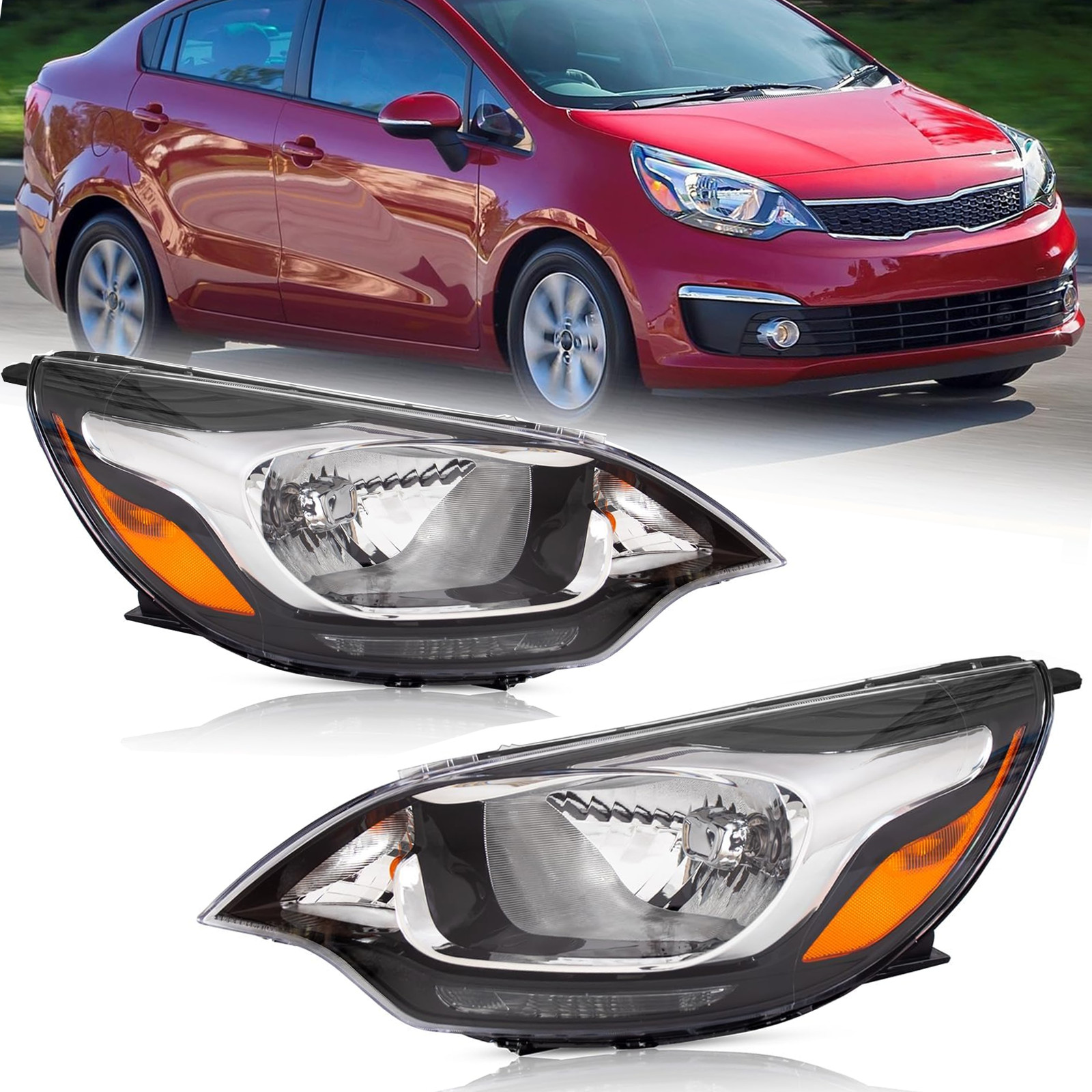 For 2012-2015 2016 2017 Kia Rio Sedan Halogen Headlights Left&Right Headlamps