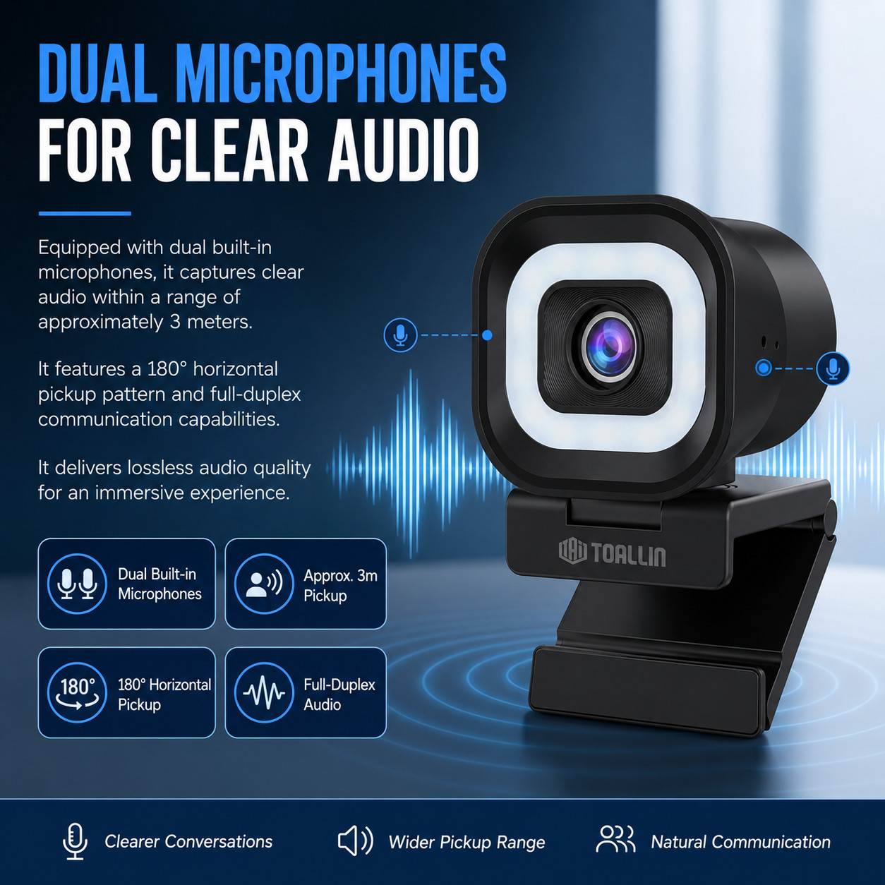 TOALLIN 4K UHD PDAF Webcam 5-level adjust Ring Light,Plug & Play,USB Connection