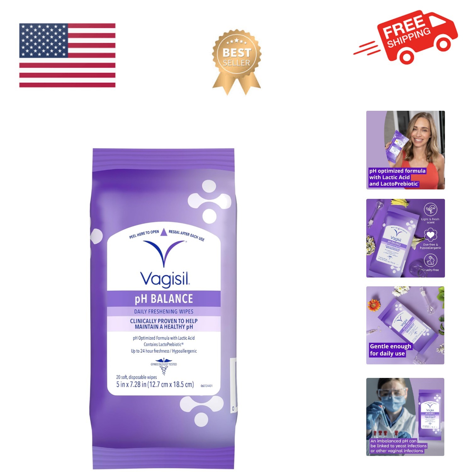 pH Balance Daily Freshening Wipes for Feminine Hygiene in Resealable Pouch, G...