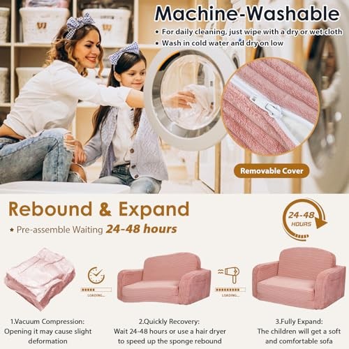 Foryoomi Extra Wide 2 in 1 Convertible Toddler Kids Couch - Corduroy Large Pink