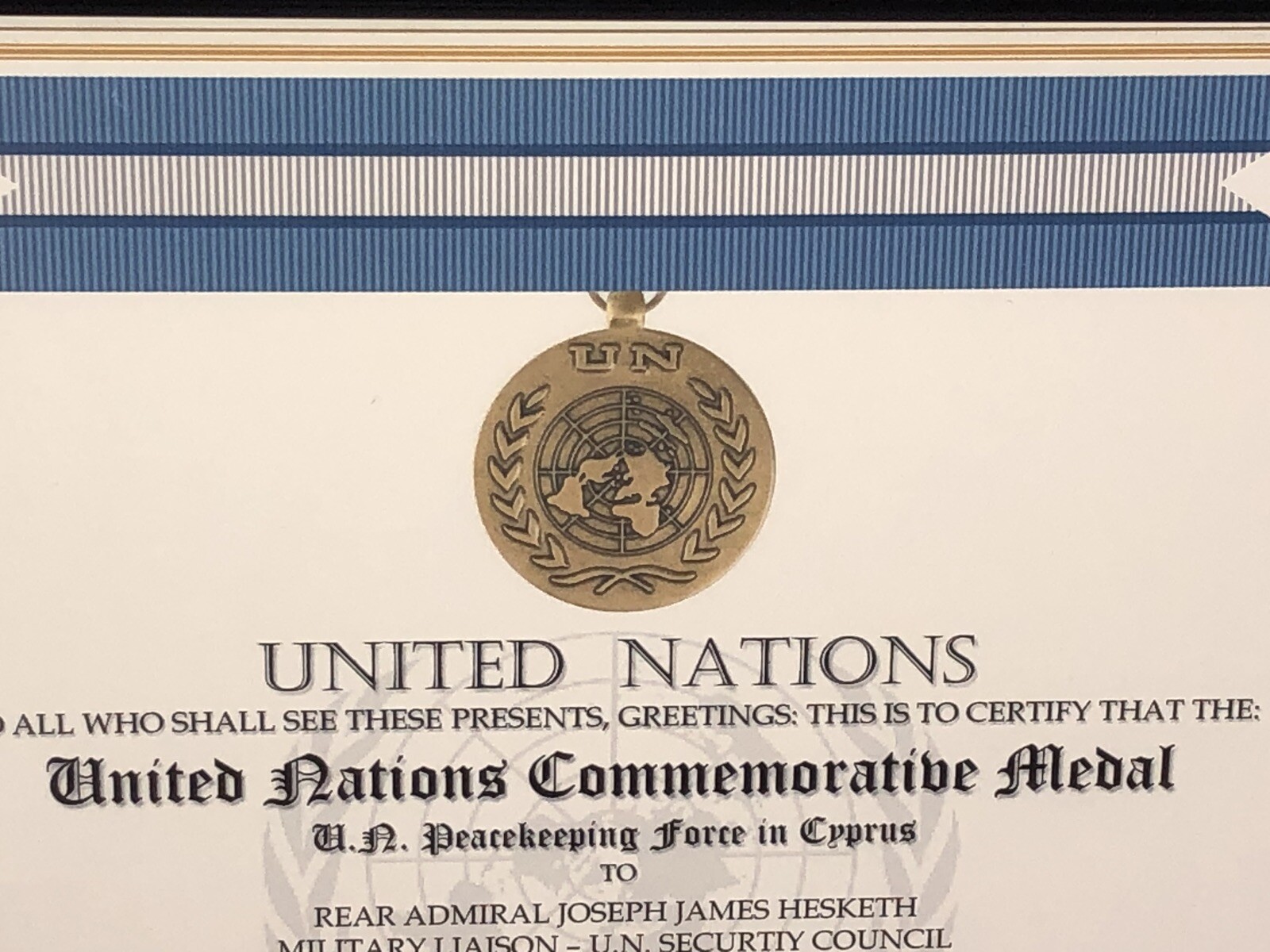 UNITED NATIONS [UNFICYP] COMMEMORATIVE MEDAL CERTIFICATE ~ Type 1