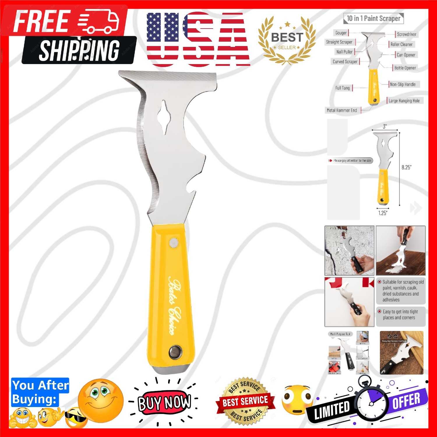 Bates- Paint Scraper, 10 in 1 Painters Tool, Yellow Handle Paint Scrapers for...