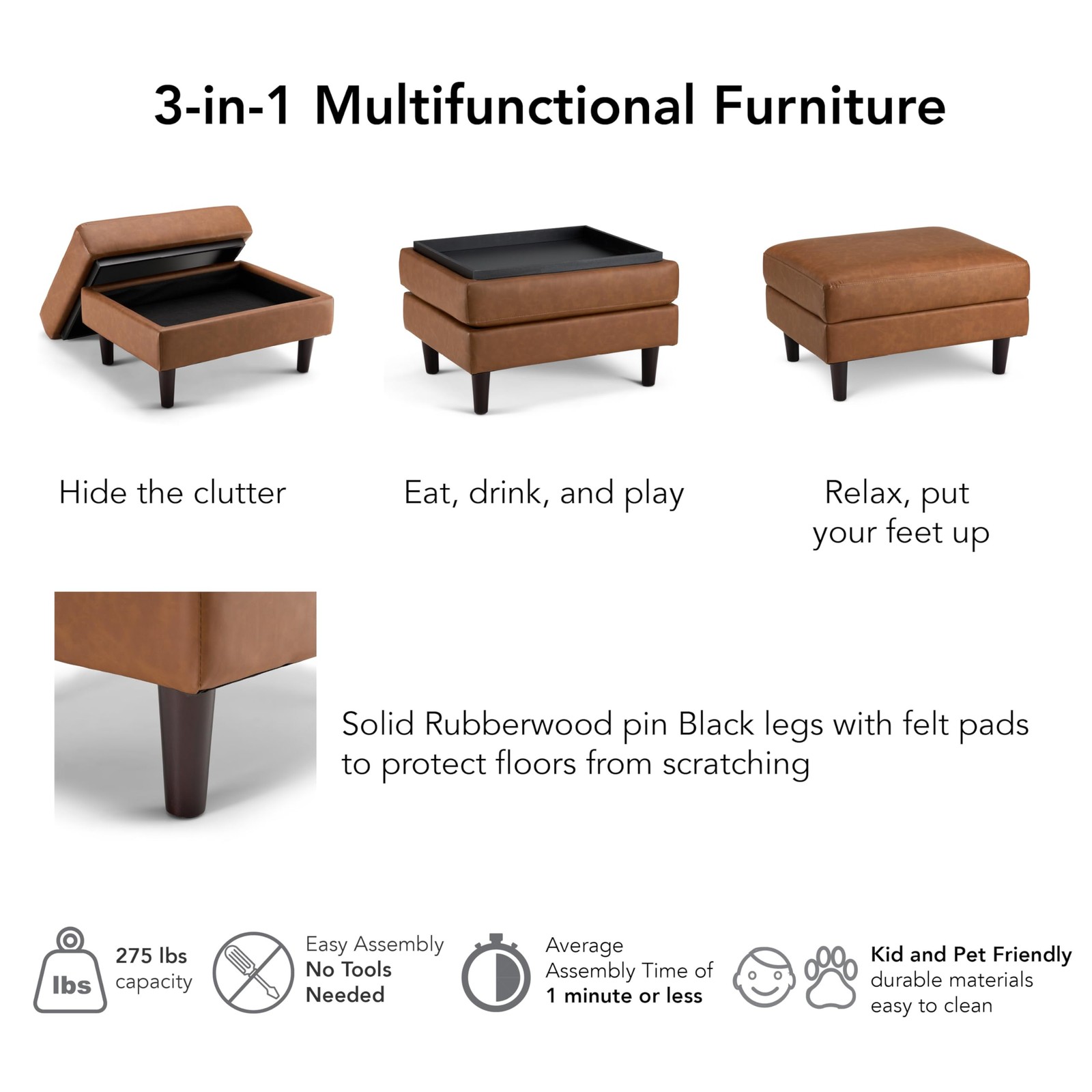 Storage Ottoman with Tray, Living Room Furniture, Max Collection, Buffed Came...