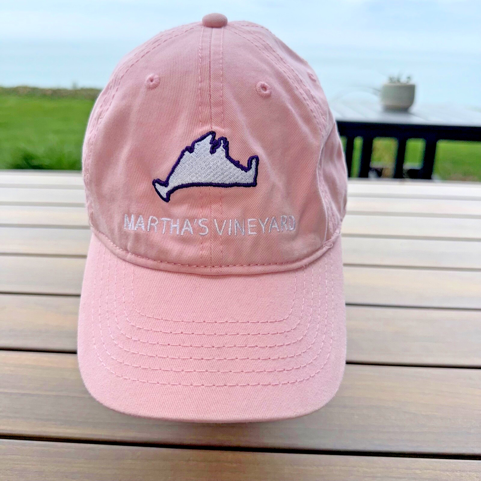 Martha’s Vineyard w State Outline in White Purple on Pink Hat Cap Hook Loop EUC