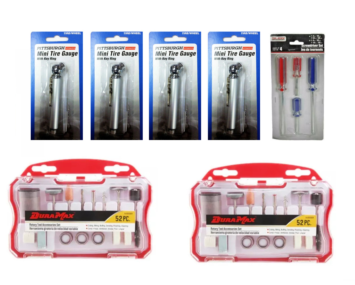 Tool Set 4 Mini Tire Gauges, 2 Sets of Duramax 52 Pc. Rotary Set, 4 Screwdrivers