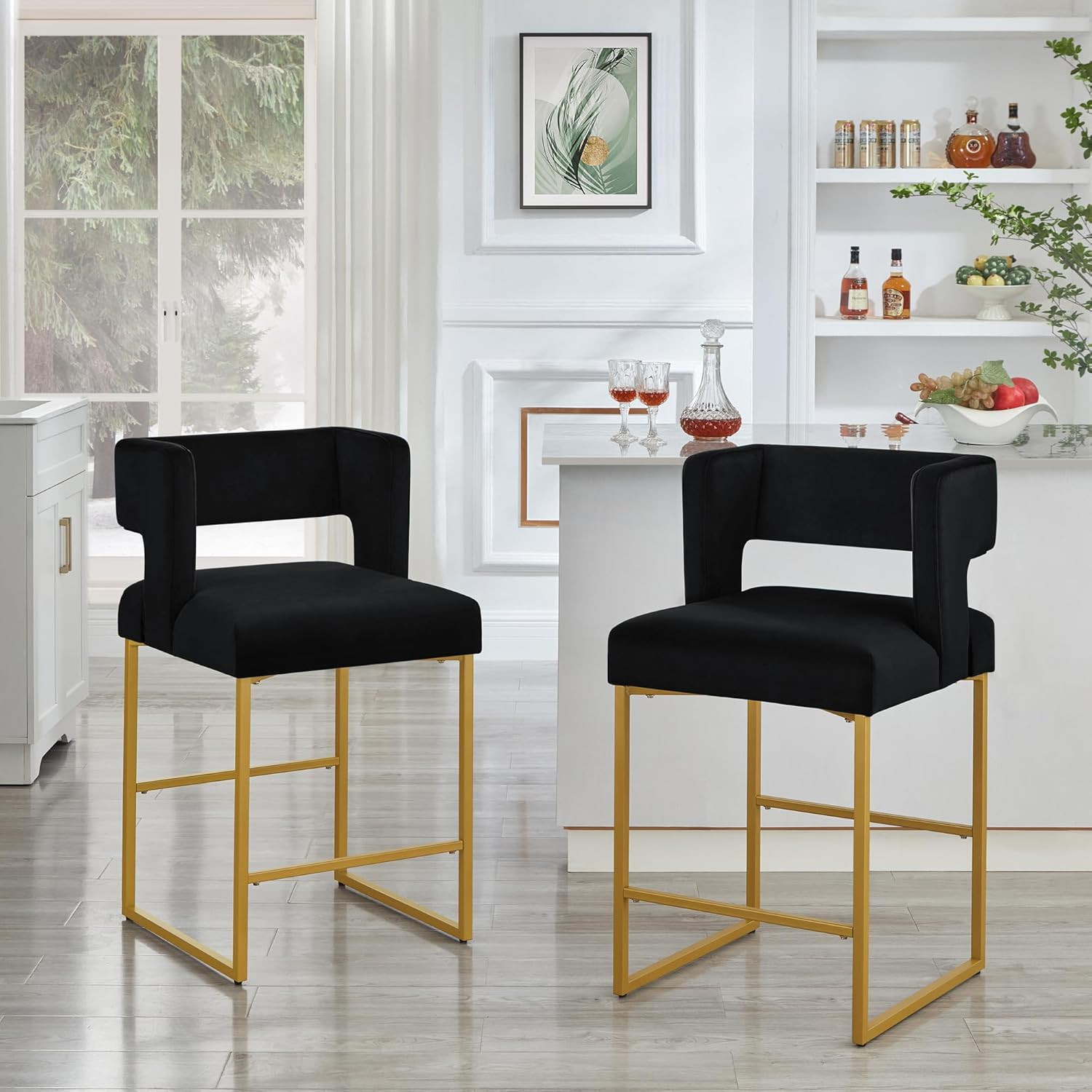 Modern 26" Velvet Bar Stools Set of 2 with Open Backrest, Black/Gold