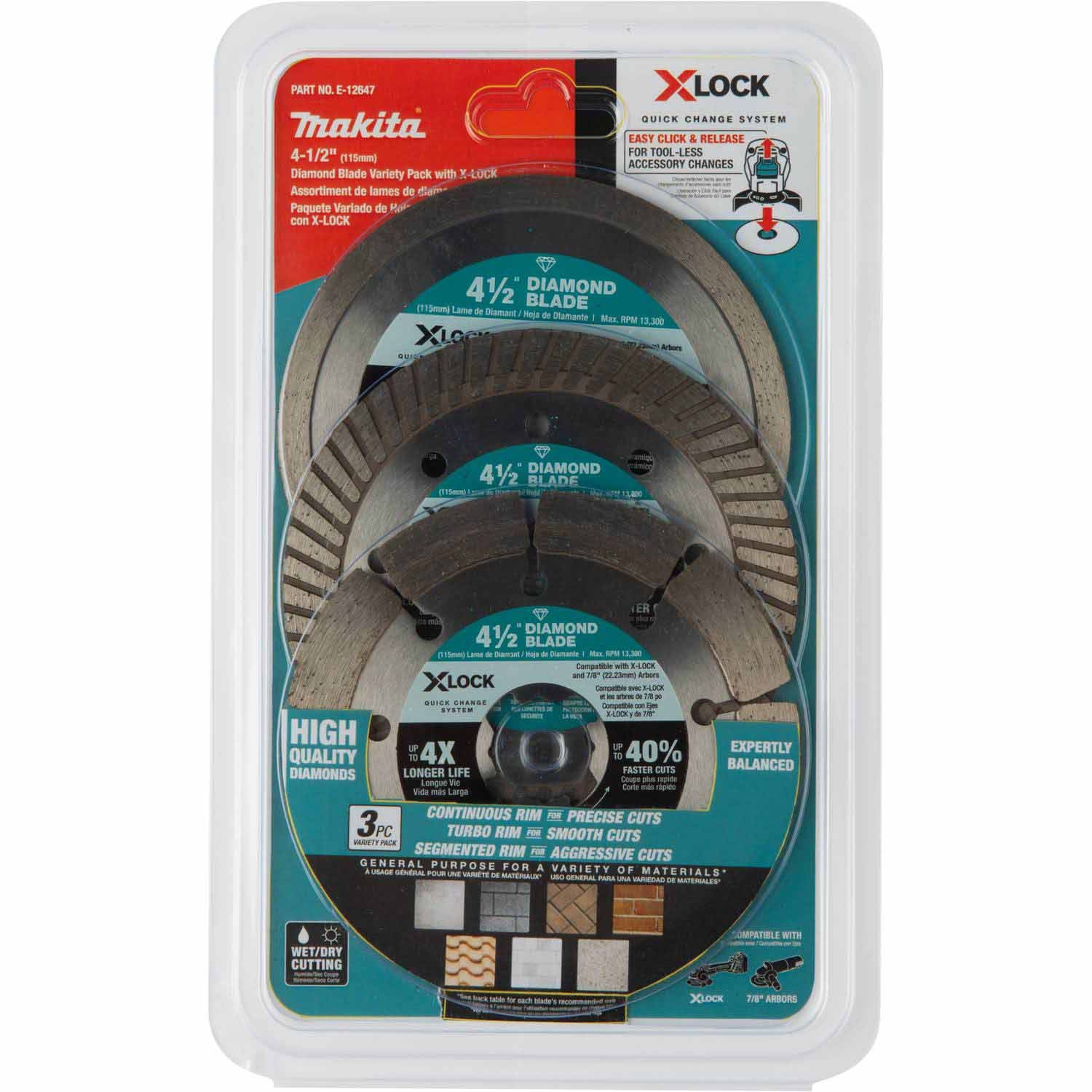 Makita E-12647 X-LOCK 4-1/2in Diamond Blade Variety Pack 3pc