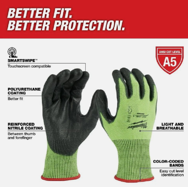 Milwaukee High Visibility Cut Level 5 Polyurethane Dipped Gloves 2Xl