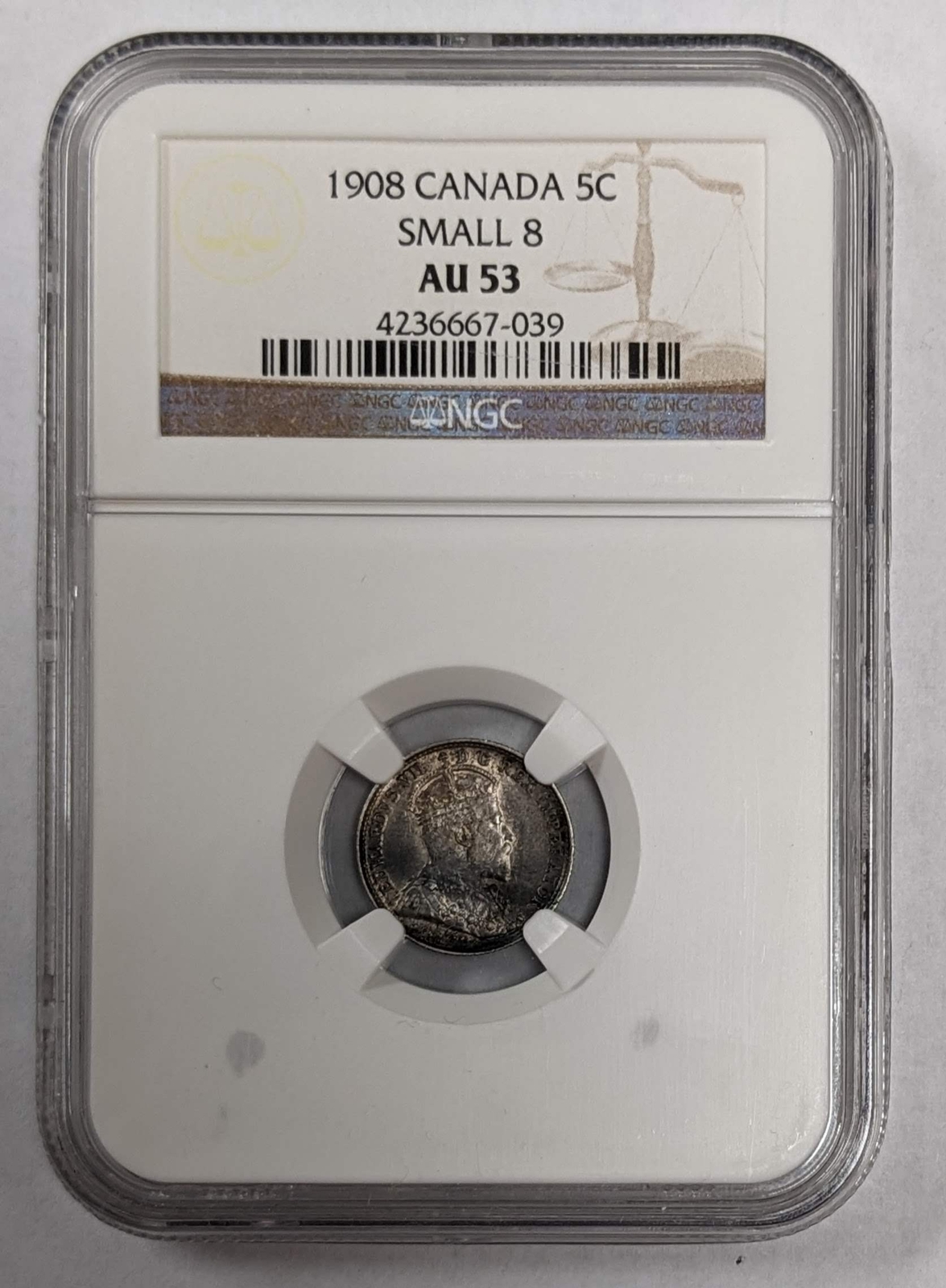 1908 Canada 5c Small 8 NGC AU 53