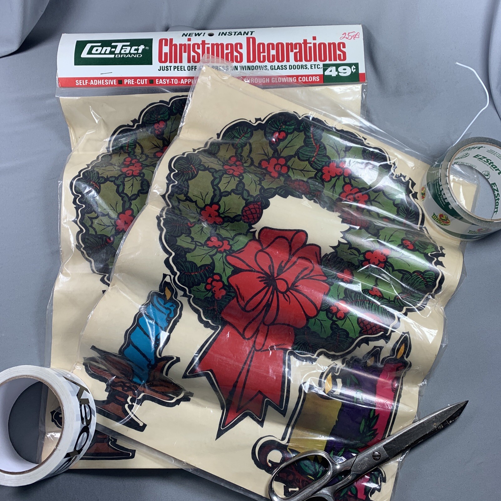 2 Vtg Xmas Contact Adhesive Decorations Window Door Wreath Candles