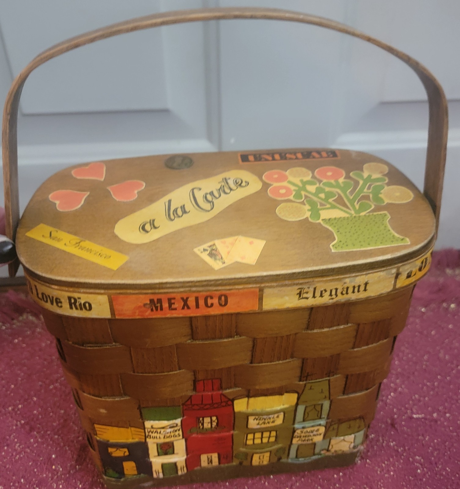 Caro Nan Hand Painted Woven Picnic Basket With Penny On Top-Cloth Inside