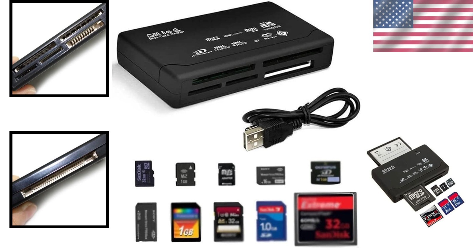 Versatile USB Memory Card Reader with 6 Slots - Black, Compact Design