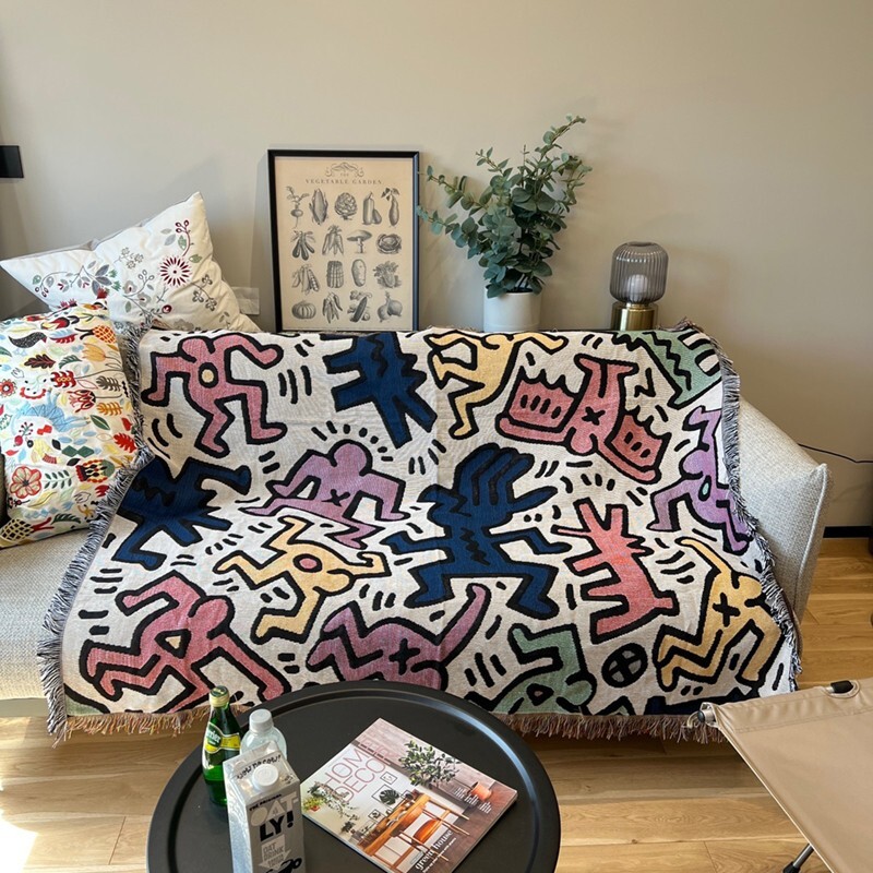 Keith Haring Colored Graffiti Casual Woven Tapestry Blanket Throws LGBTQ Decor