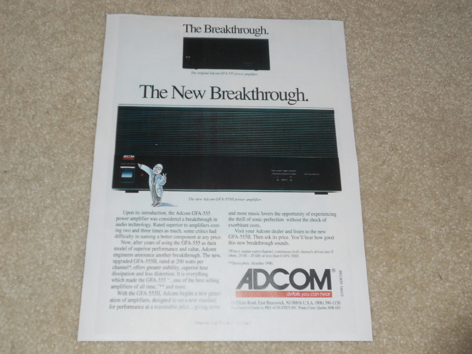 Adcom GFA-555, GFA-555II Amplifier Ad, 1991, 1 page, Specs, Nice Ad!