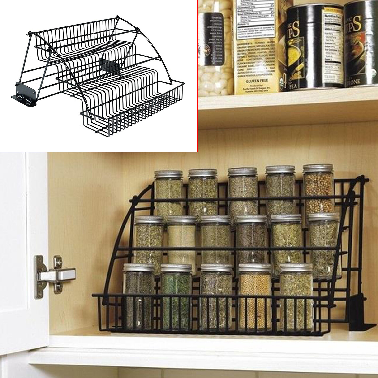 3 Layers Pull Down Spice Rack Pull Out Metal Cabinet Organizer Kitchen Stand