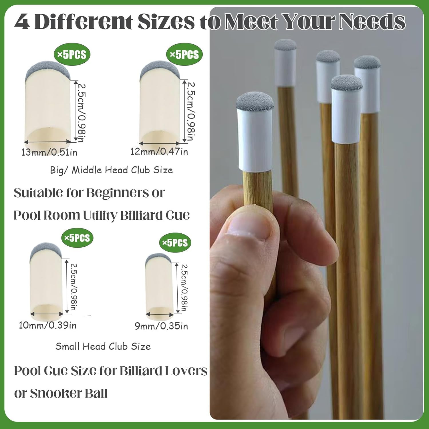 20Pcs Slip on Pool Cue Tips, 4 Sizes Pool Queue Stick Tips Replacement Kit, Bill