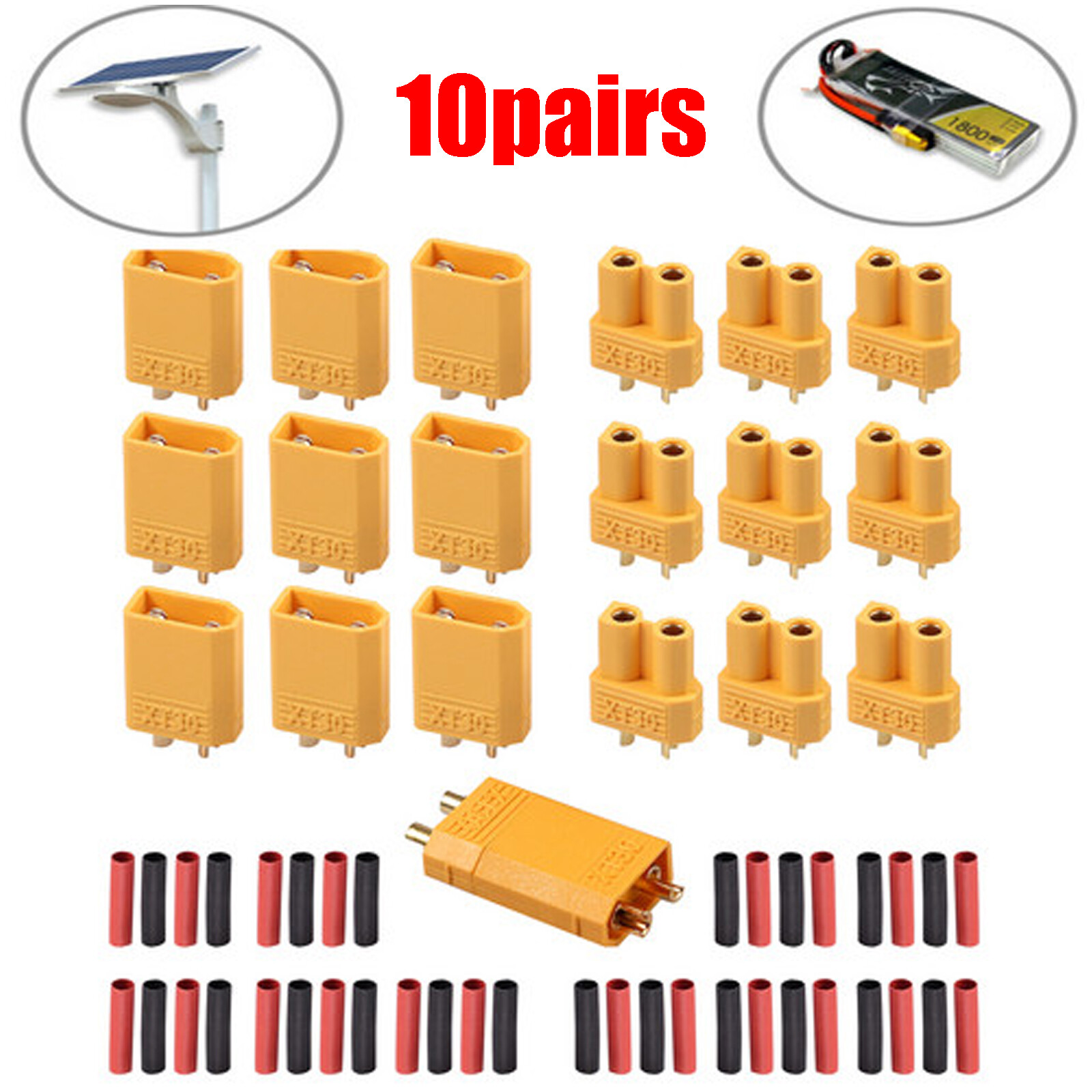 20x Male/Female XT-30 Bullet Connectors Plugs w/ Heat Shrink For RC Lipo Battery