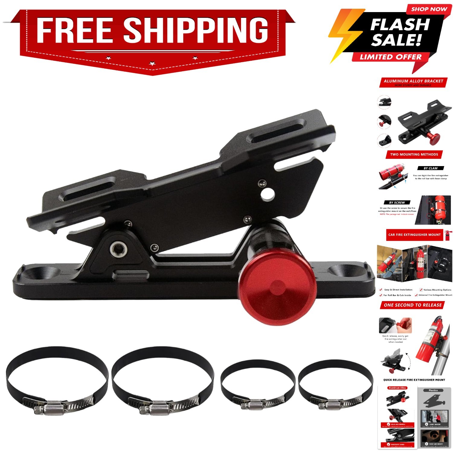 Quick Release Fire Extinguisher Mount - Aluminum Adjustable UTV Roll Bar Fire...