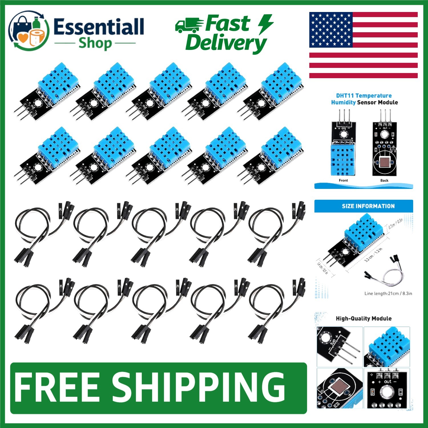 10-Pack DHT11 Temperature & Humidity Sensors - Easy Integration for Projects