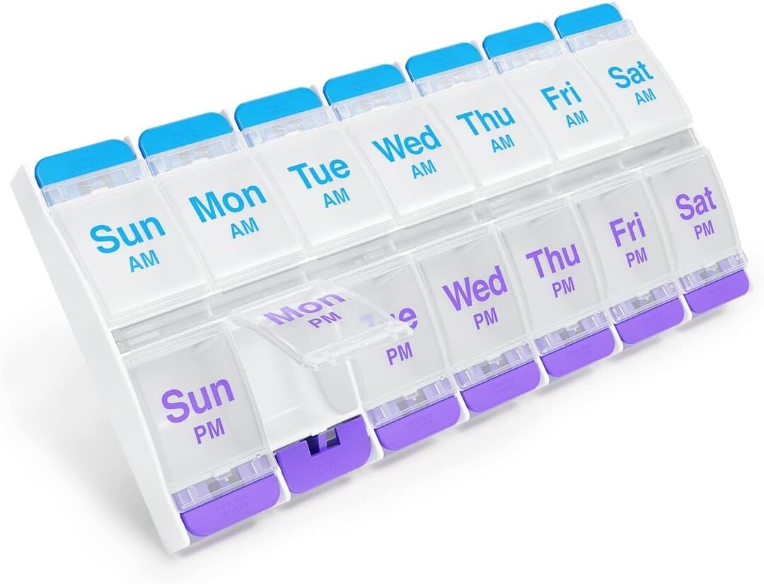 Weekly Pill Planner Organizer XL Easy Use AM/PM with Push Button 7 Day