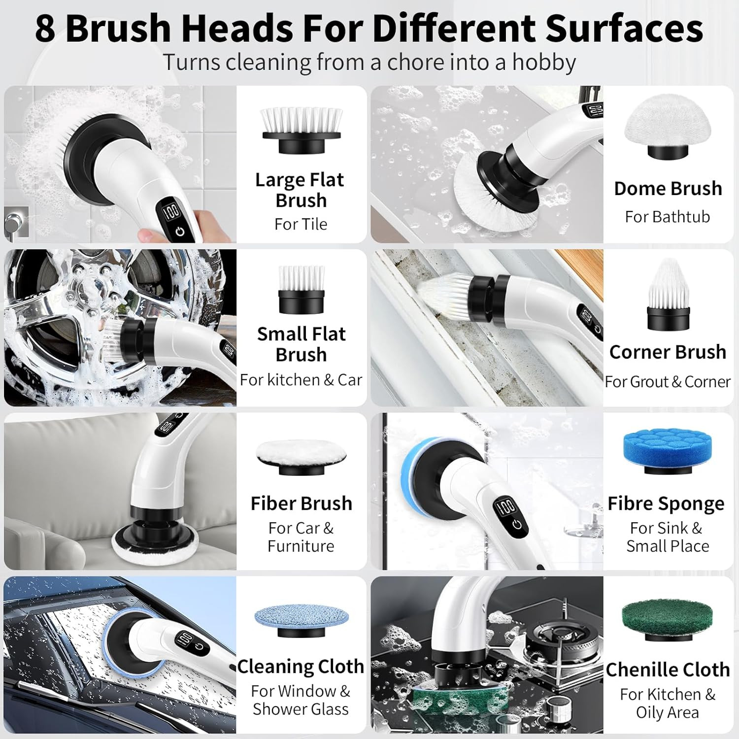 Electric Spin Scrubber, Cordless Cleaning Brush with 8 Replaceable Brush Heads,