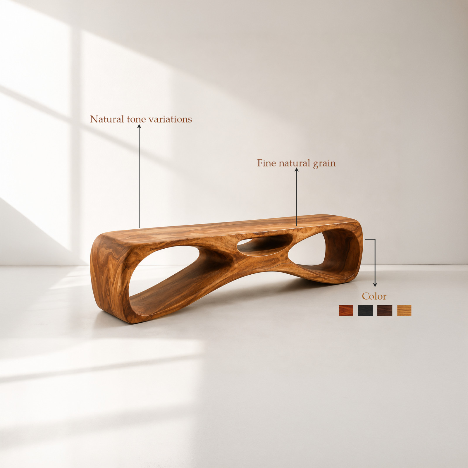 Tri-Cutout Bench Modern Sculptural Entryway Seating Stand Genuine Solid Wood