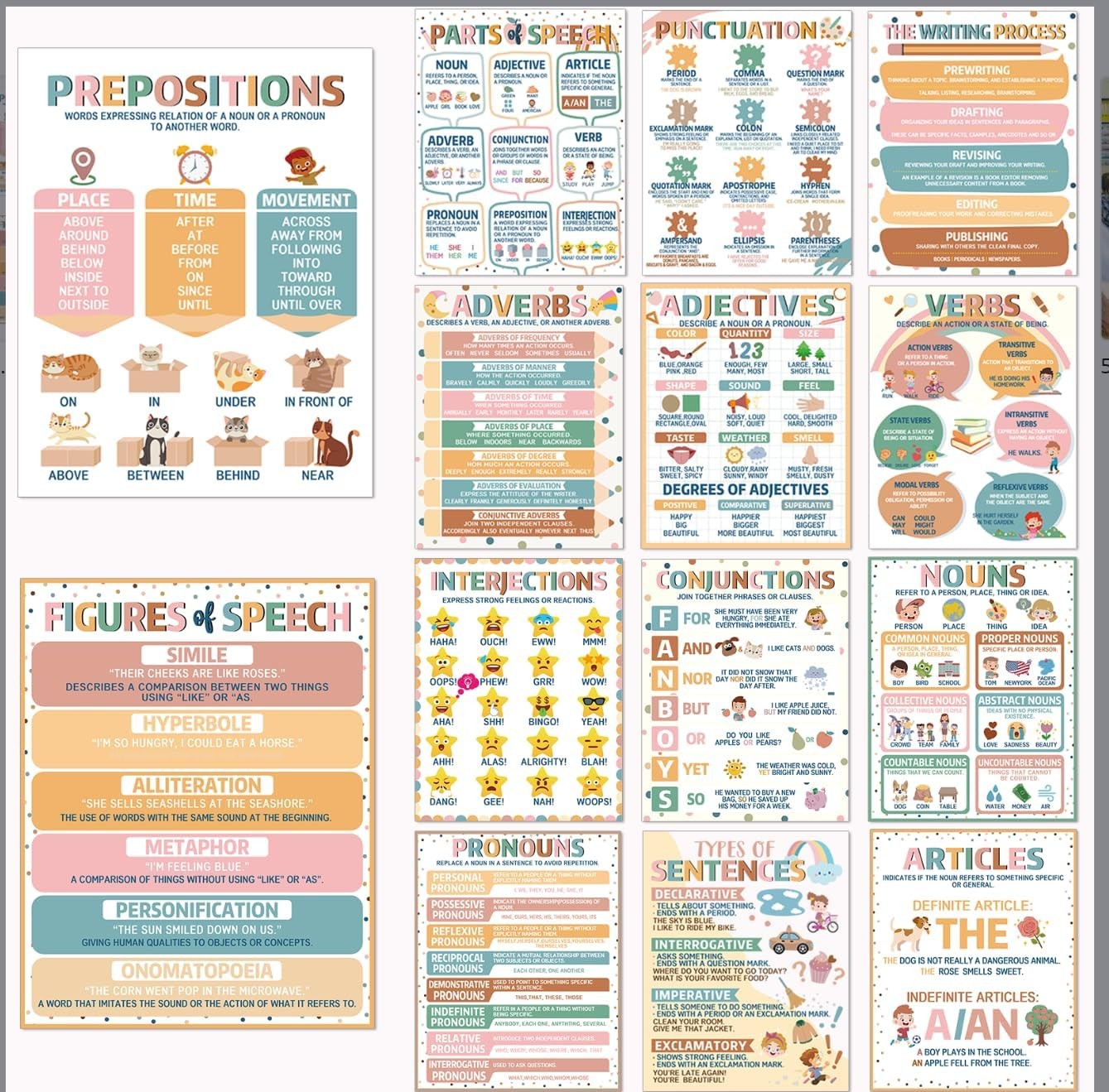 ZOIIWA 14 PCS Boho Parts of Speech Posters for Classroom Decorations
