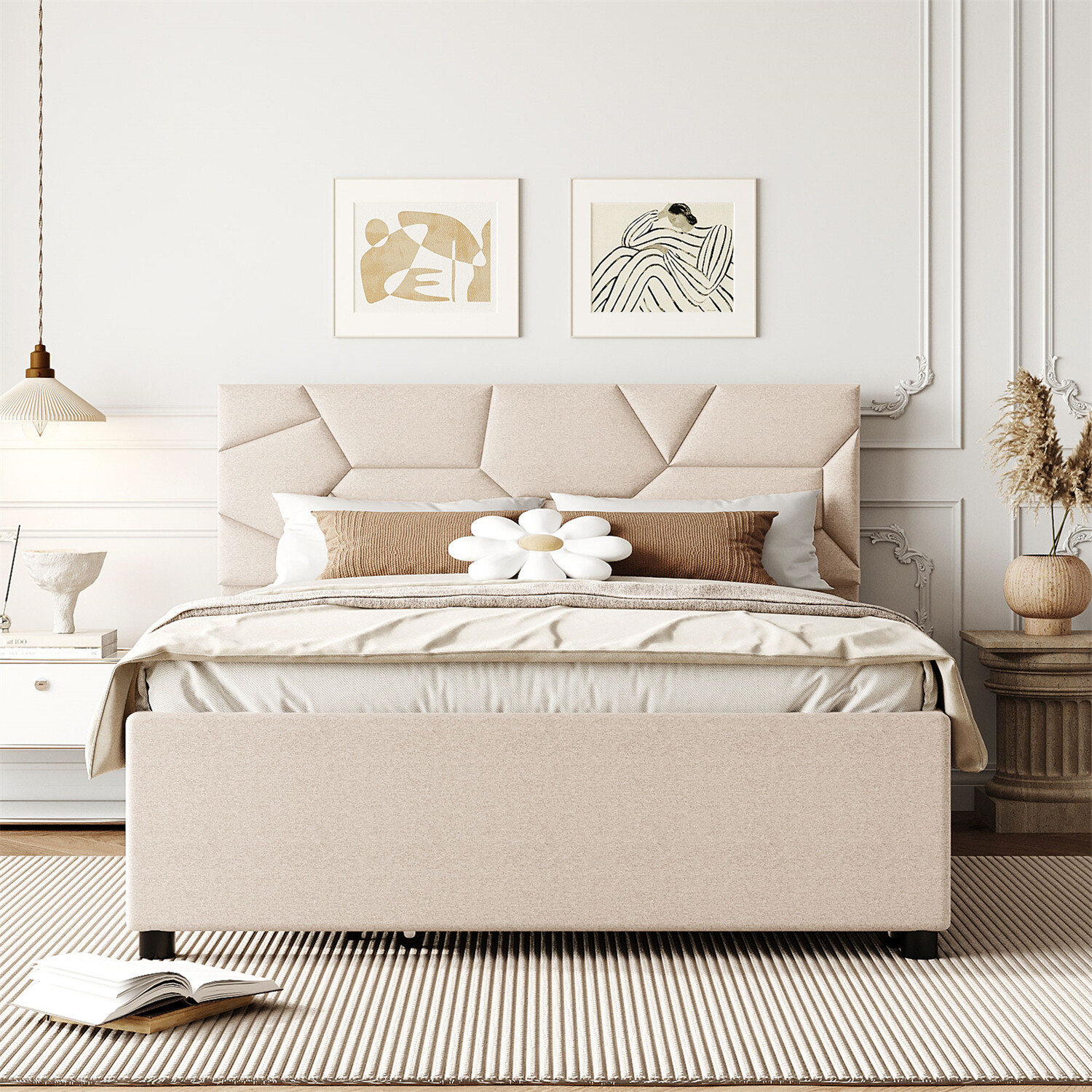 Full/Queen Size Bed Frame Upholstered Platform Bed w/ Headboard Beige/Gray