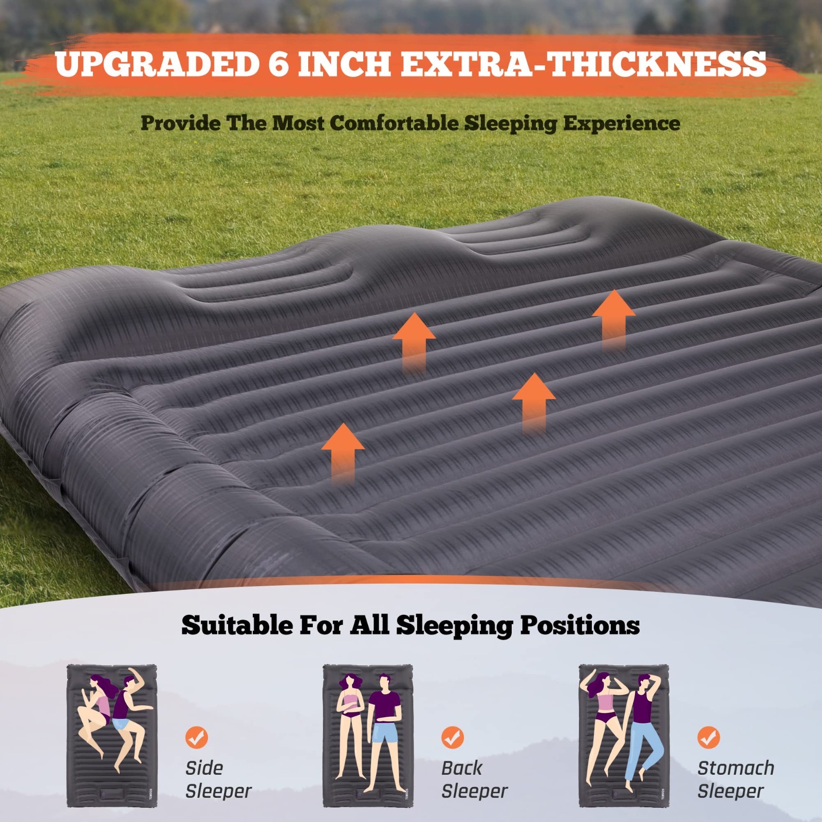 6" Thick Double Camping Pad – Inflatable Sleeping Mattress w/ Pillows & Air Pump