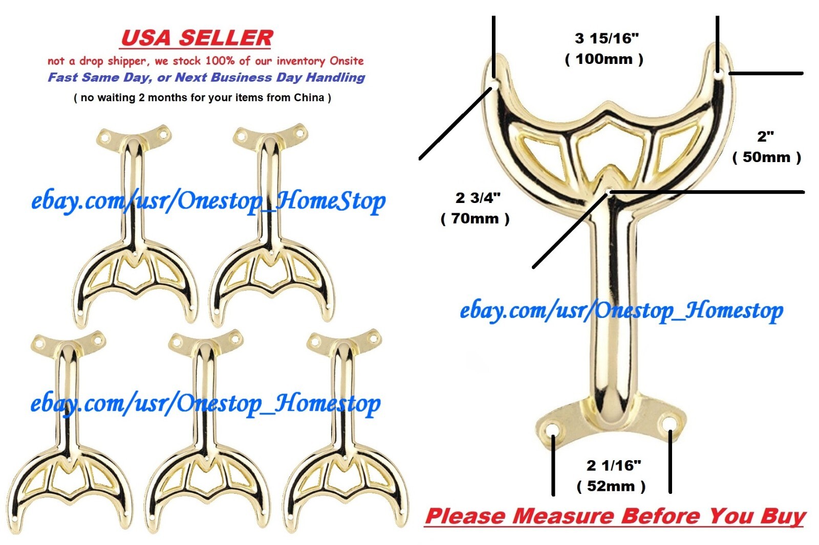 5 - 52" Polished Brass Ceiling Fan Blade Arms, Replacement Brackets,  Brand NEW