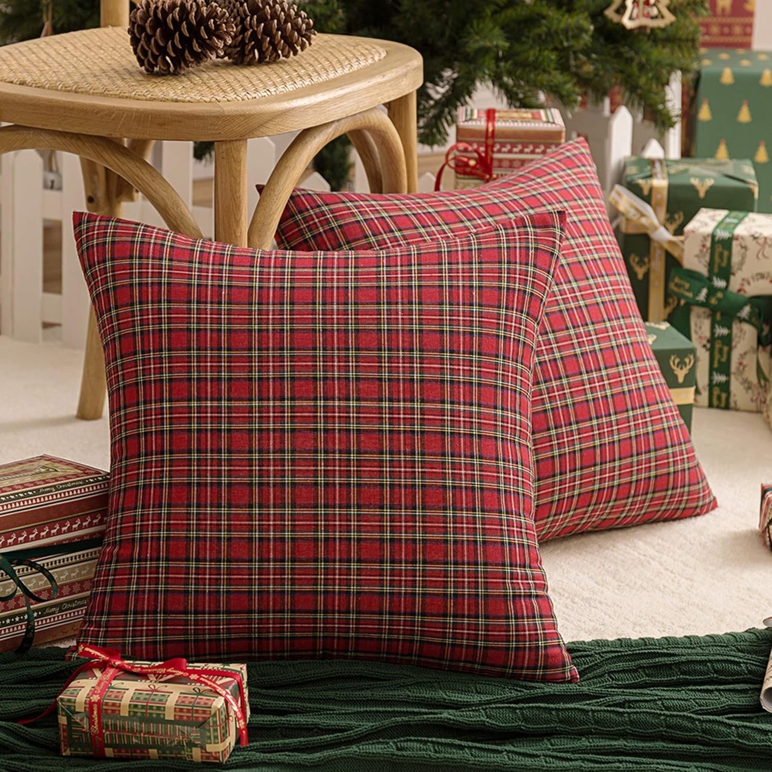Christmas Plaid Pillow Covers Set of 2 20x20 Inches Red Green Tartan Decor