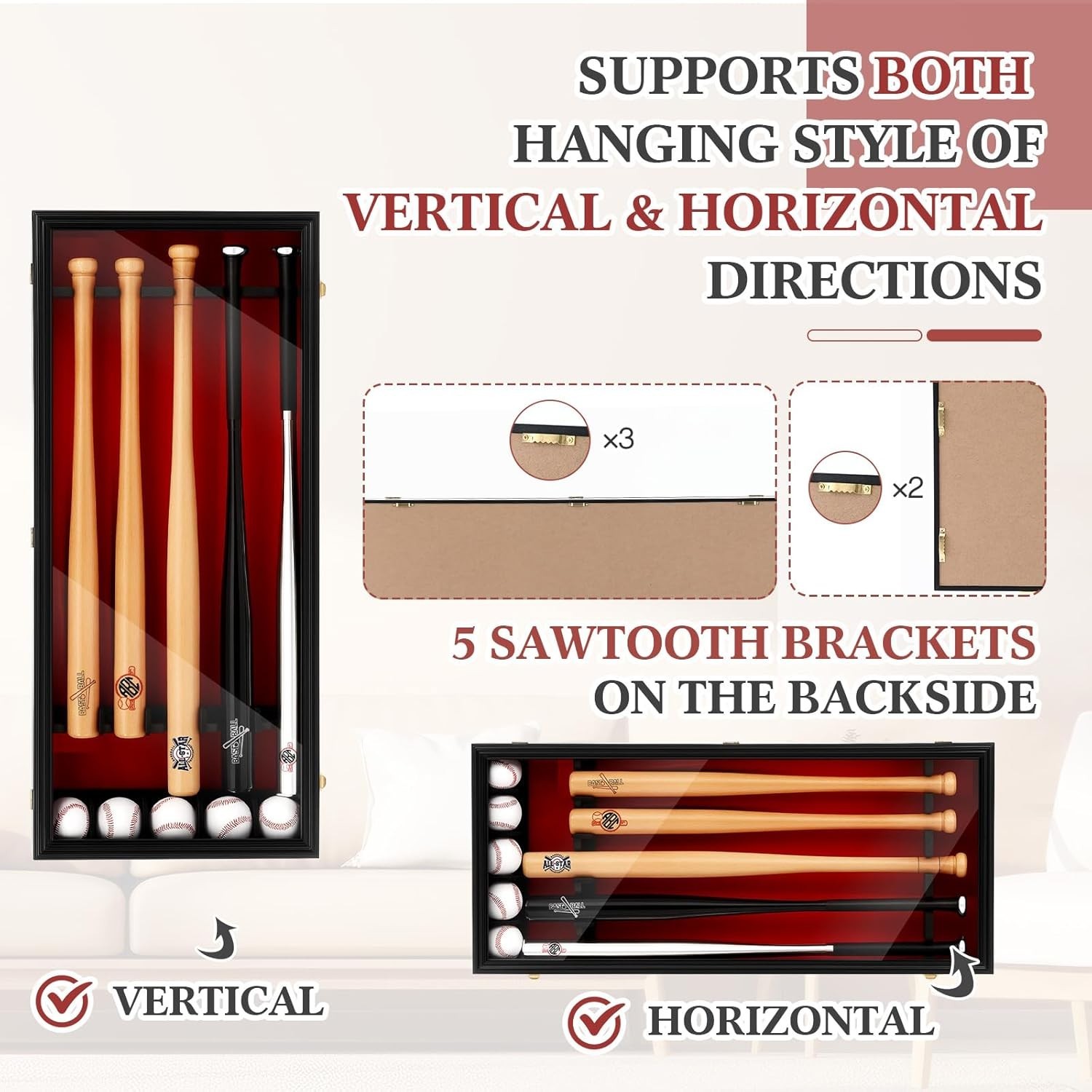 Baseball Bat Display Case Wall Mounted Shadow Box Vertical or Horizontal UV P...