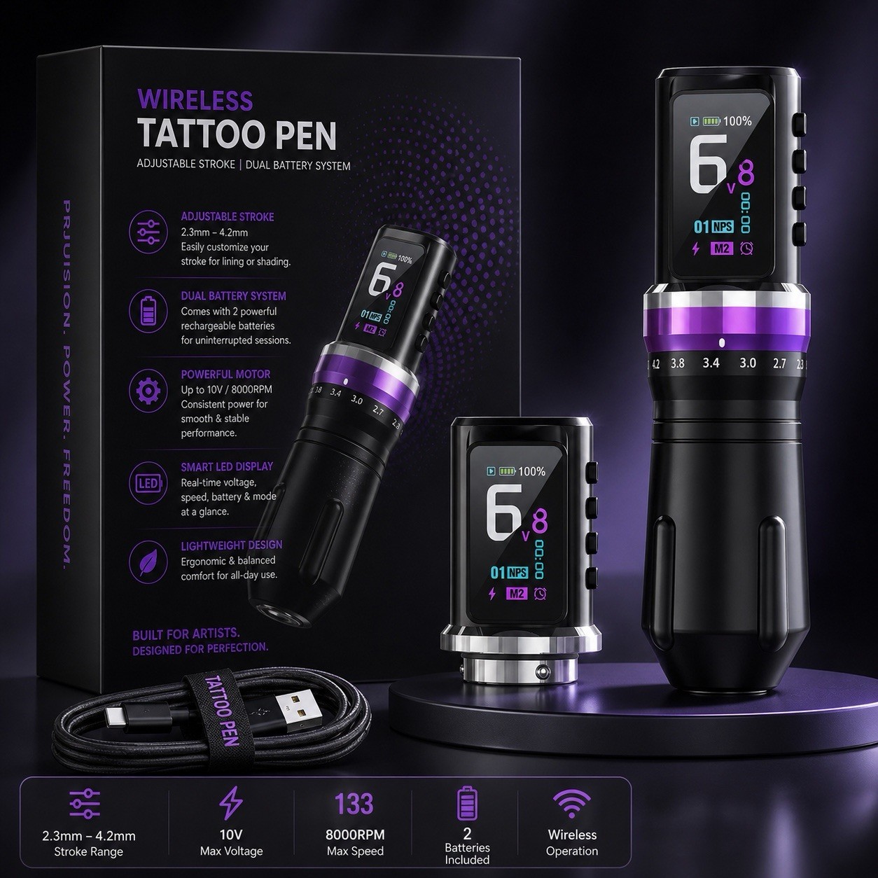 Wireless Adjustable Stroke Tattoo Pen – Dual Battery System Purple Color