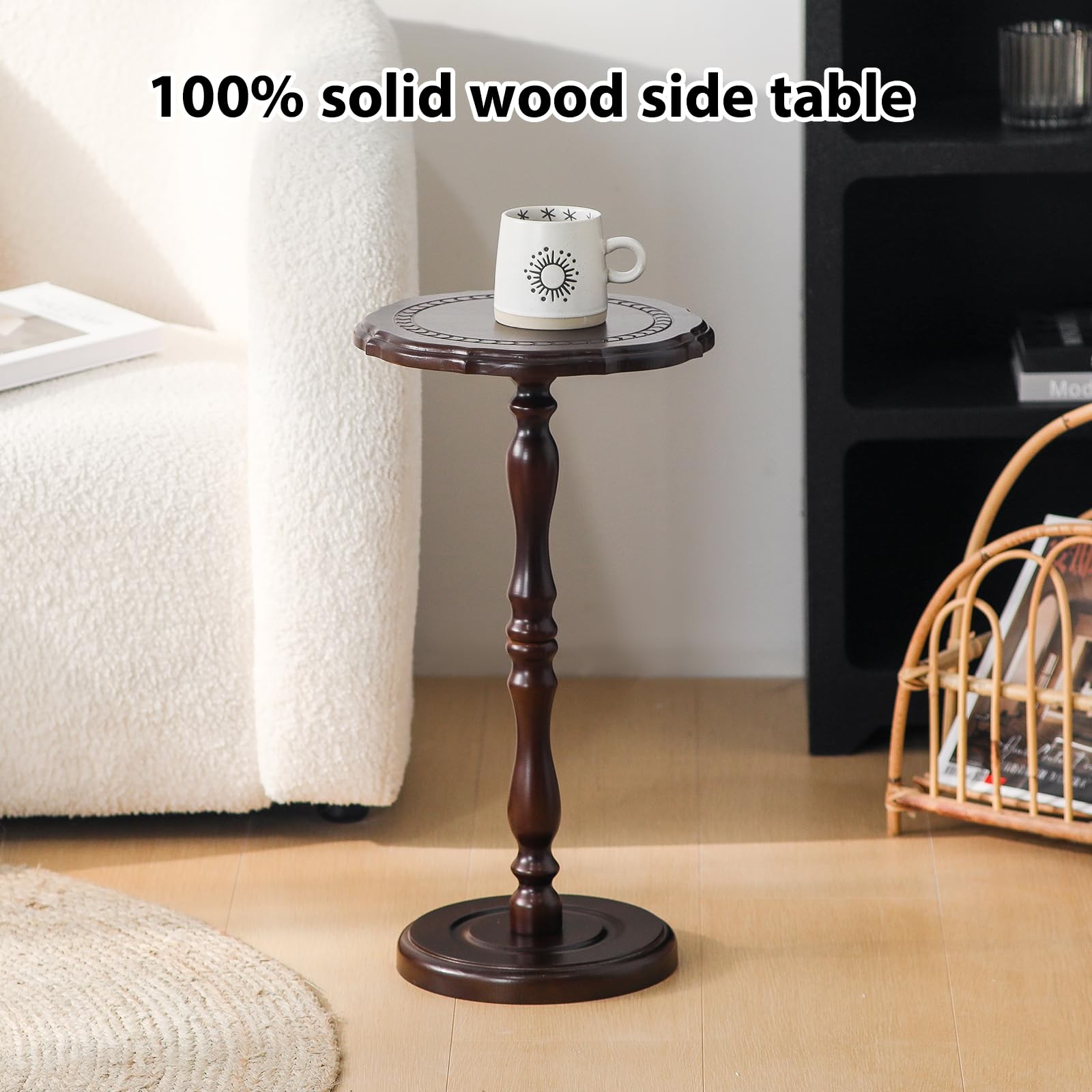 HuiDao 100% Solid Wood Round Side Table, Small Drink Table for Small Spaces, ...