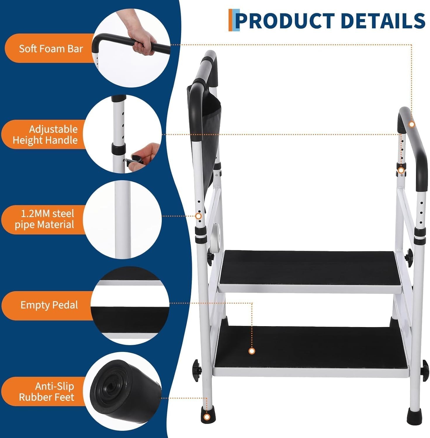 Step Stool Dual Handle Non-Skid Platform 450Lbs Capacity Height Adjust Seniors