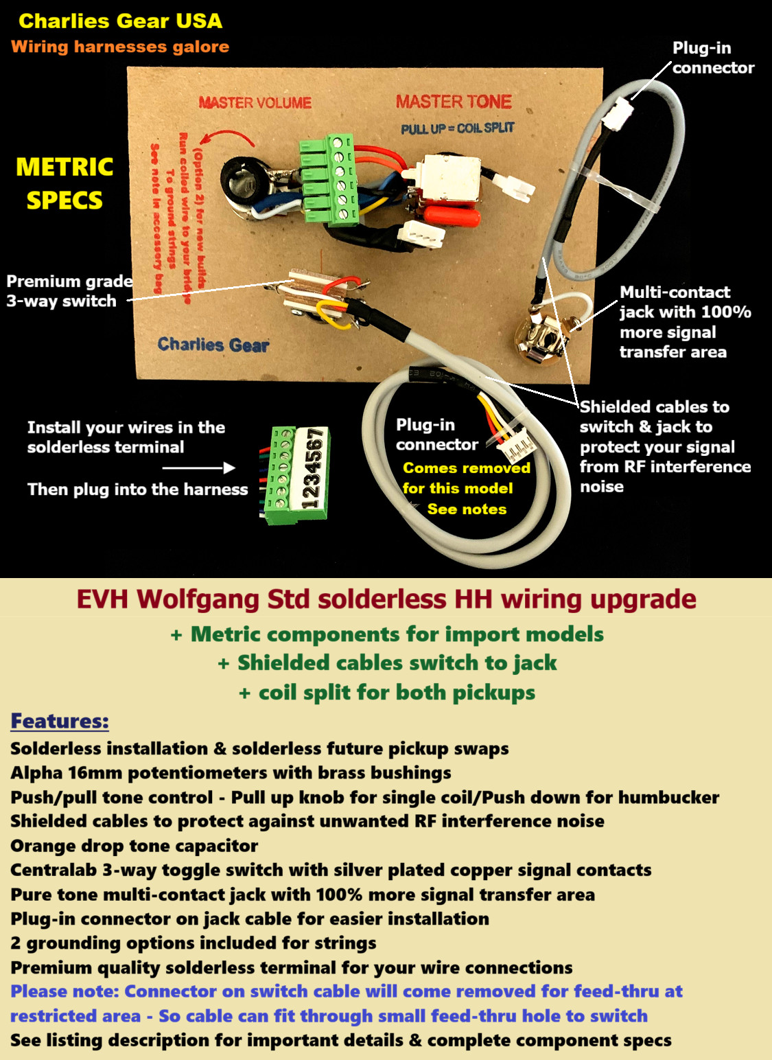EVH Wolfgang Solderless METRIC Wiring Upgrade +Coil Split +GOLD Switch & Jack