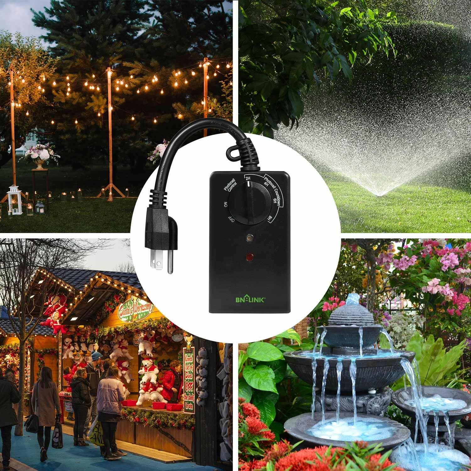 BN-LINK Outdoor Plug In Timer Switch Photocell Sensor Function Two Outlets