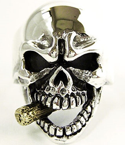 GOLD CIGAR SKULL SOLID 925 STERLING SILVER BAND RING