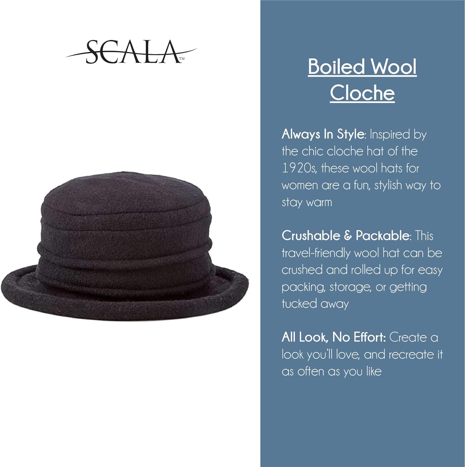 Scala Women's Packable Boiled Wool Cloche One Size, Grey