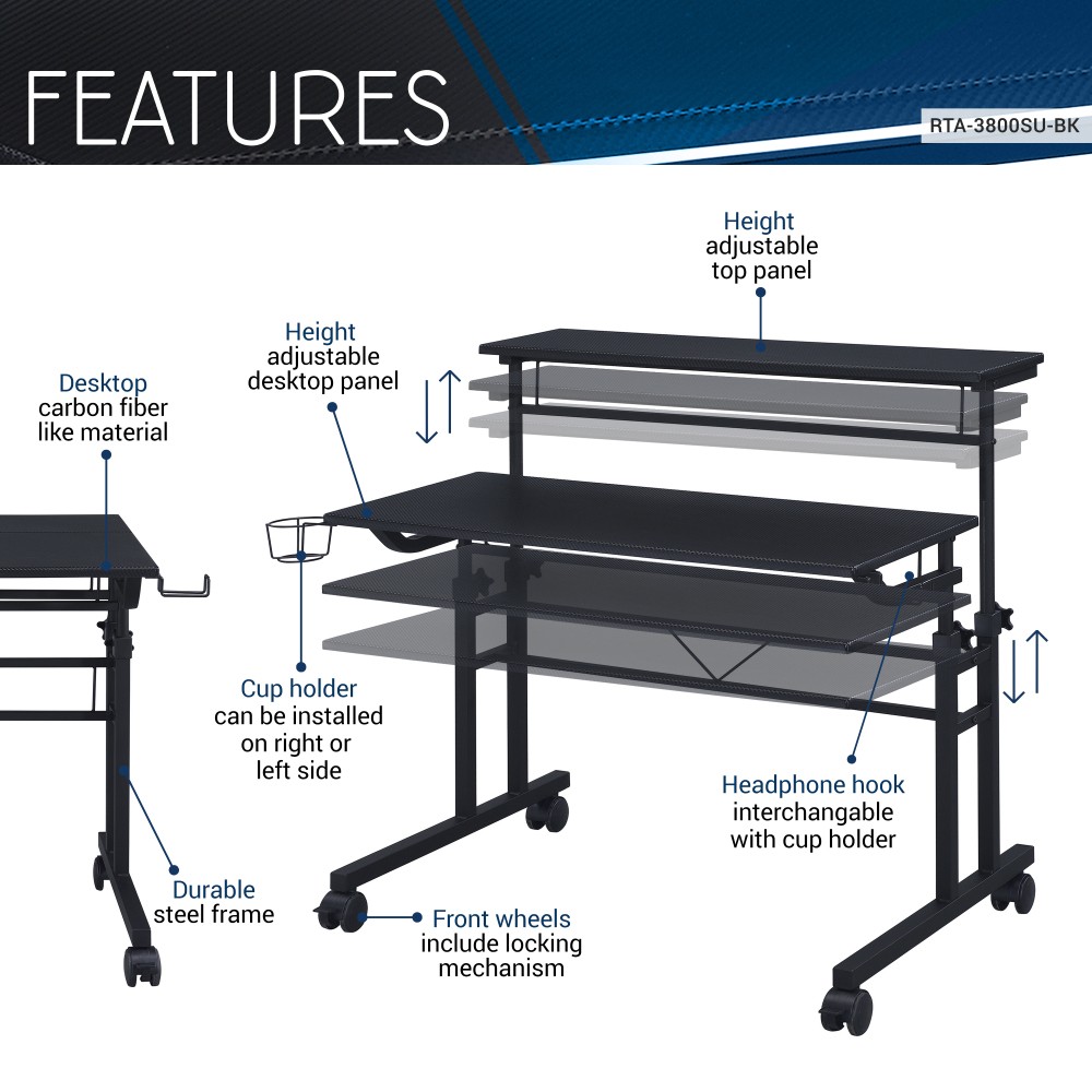 Height-Adjustable Rolling Desk - Mobile Writing Table w/ Movable Shelf - Office