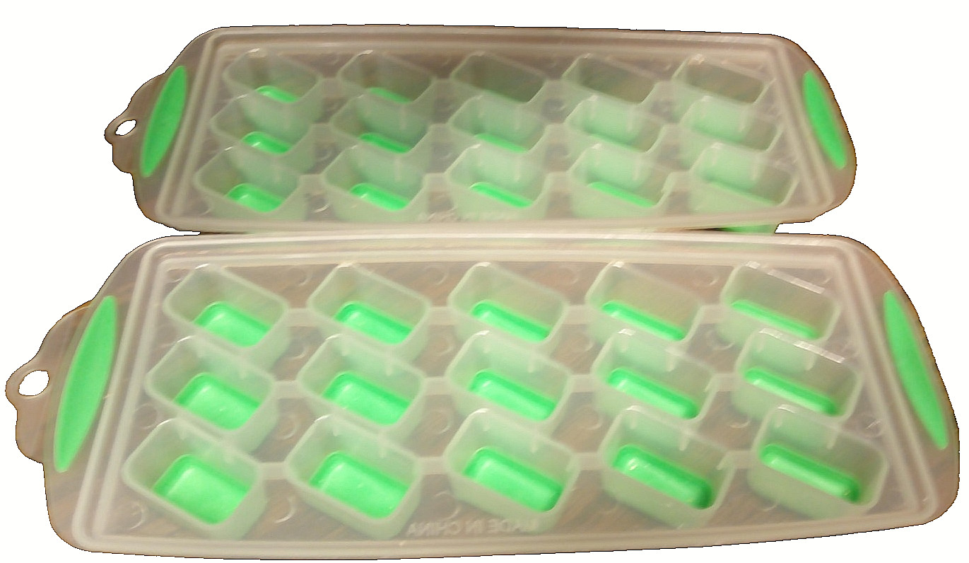 2pc Ice Cube Trays (no lids) Clear & Green/Silicone & Plastic Double Handles B33