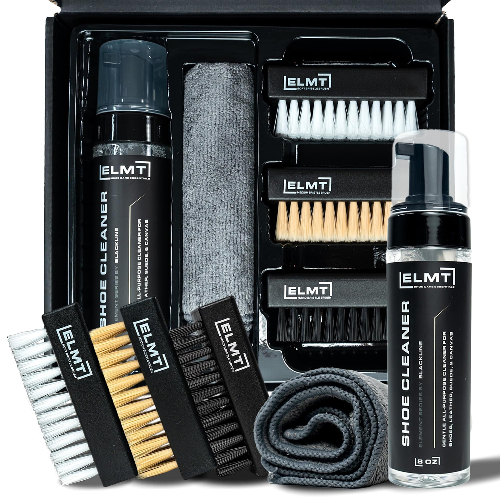 ELMT Sneaker Cleaning Kit - 8 oz Cleaner, 3 Brushes, Towel - Cleans 50+ Pairs...