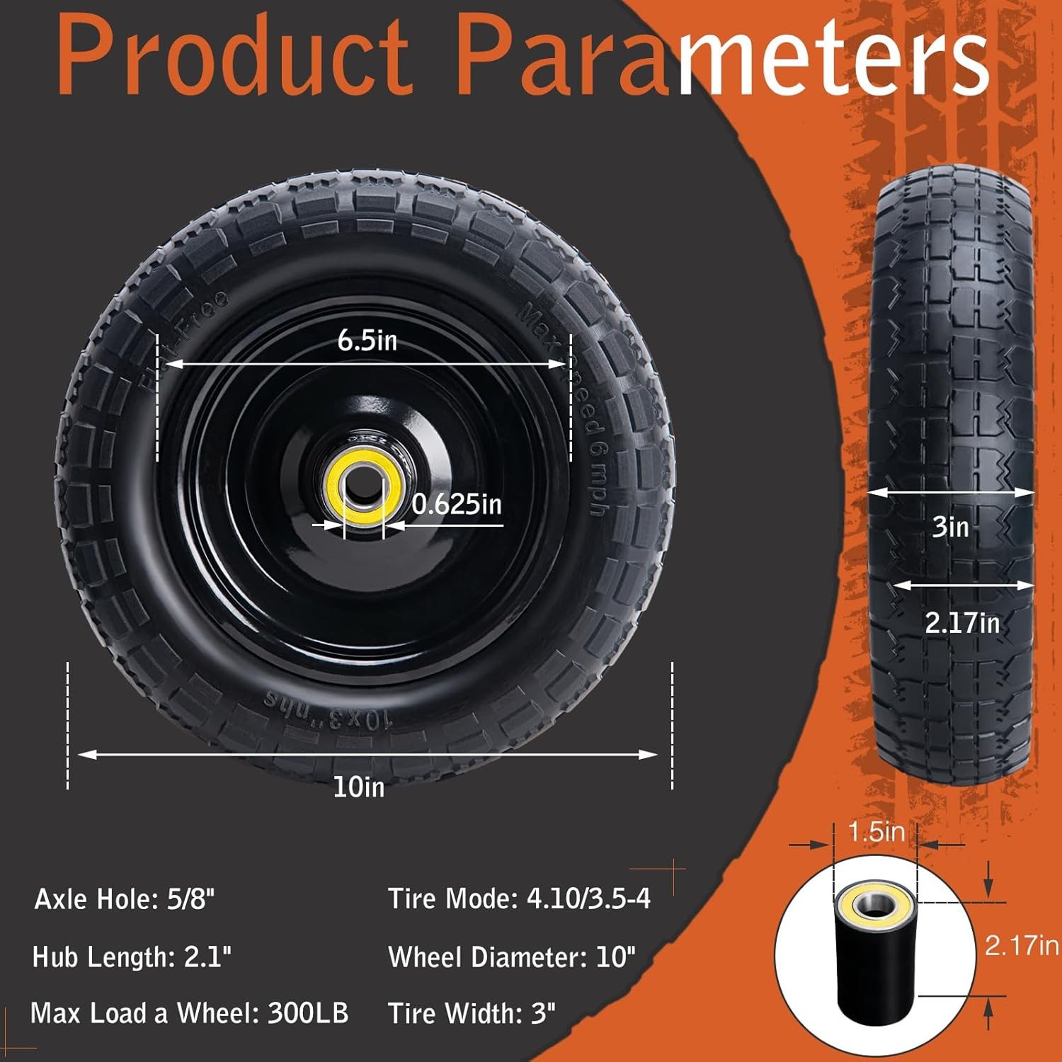10 Inch Solid Rubber Tires(2-Pack), 4.10/3.50-4 Tire and Wheel Flat Free