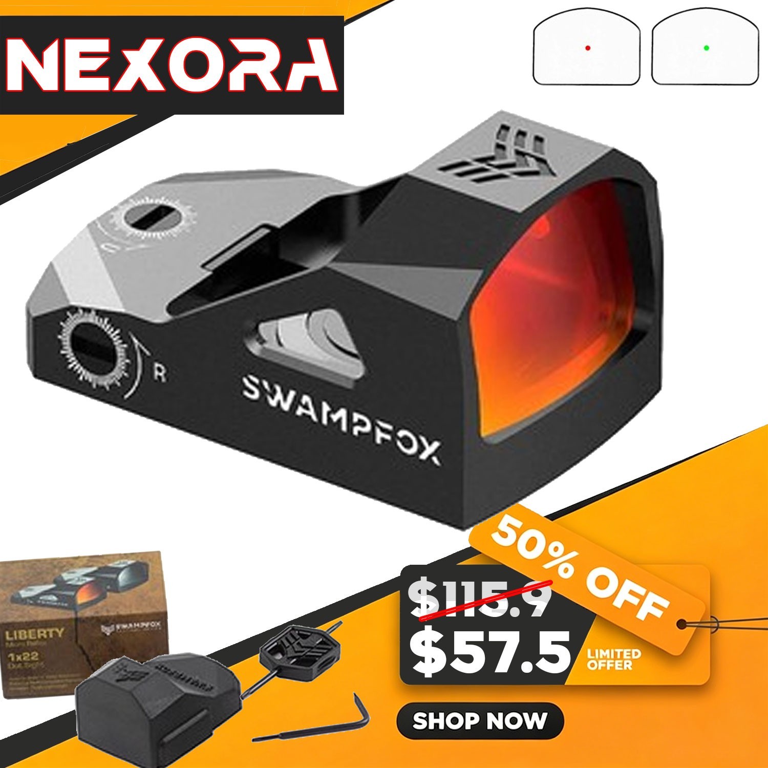 Swampfox Liberty 1x22mm Green/Red 3MOA Dot Micro Reflex Sight For RMR Footprint