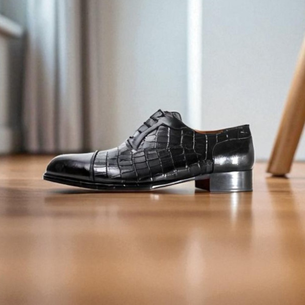 IVAN TROY/Ali Black With Red Sole Crocodile Print Italian Mens Dress Shoes