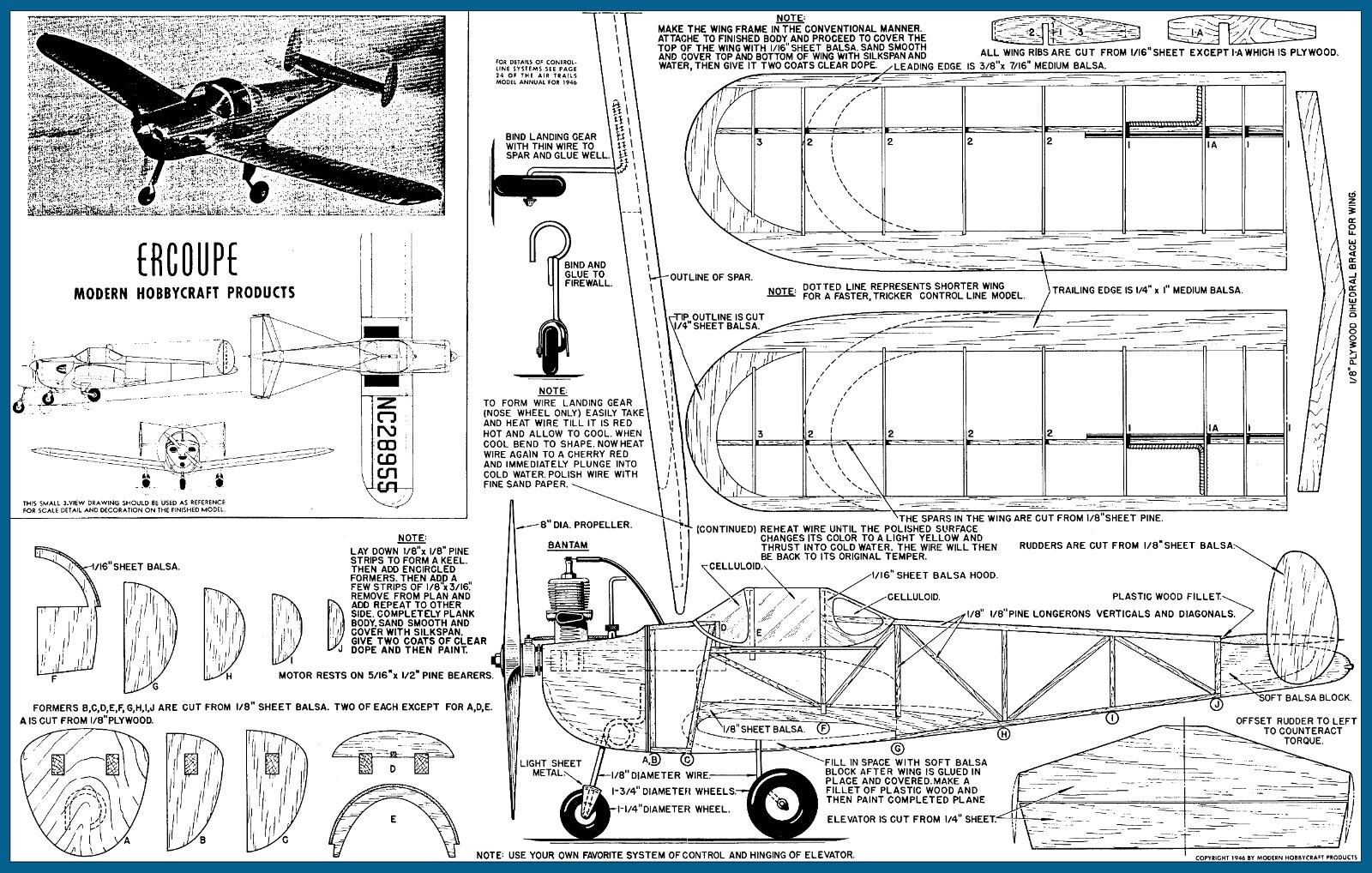 Modern Hobbycraft Model Airplane Plans (UC): Ercoupe 30" Scale for .19 Engine